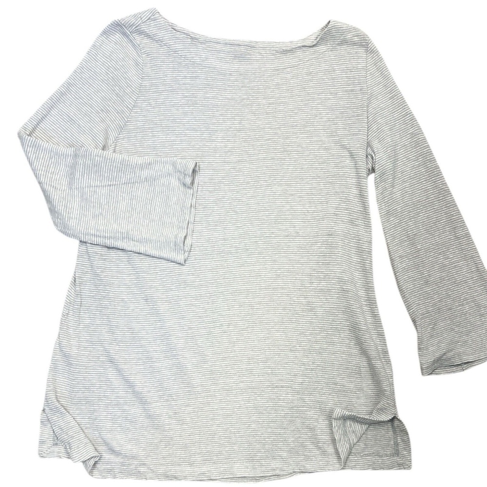 Eileen Fisher Linen Top‎ Pull Over Stripe Boat Neck Flare Sleeves Gray White XS